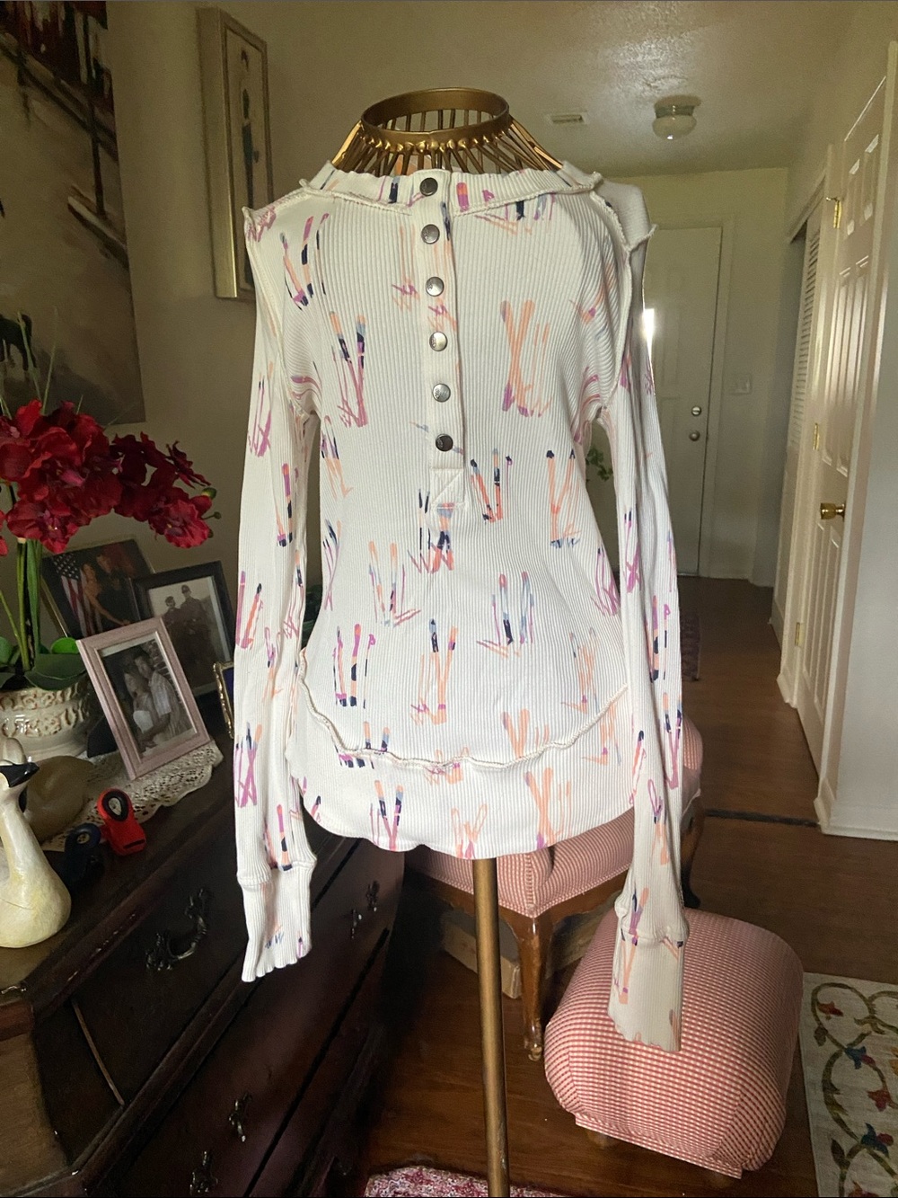 FP Movement by Free People Cream Ribbed Henley with Pastel Abstract Print